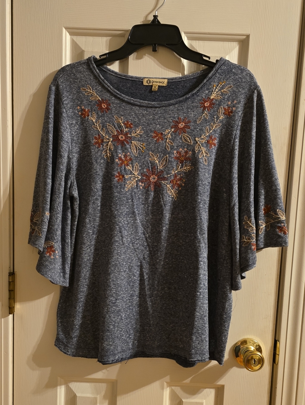 Democracy Heathered Blue Embroidered Floral Top